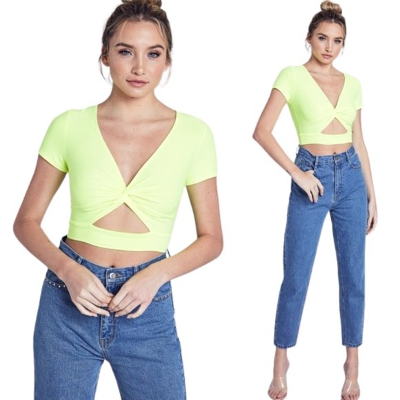 Fashion, Casual, Day to Night, Cut out, bright yellow, short sleeve, summer top - Picture 2 of 10